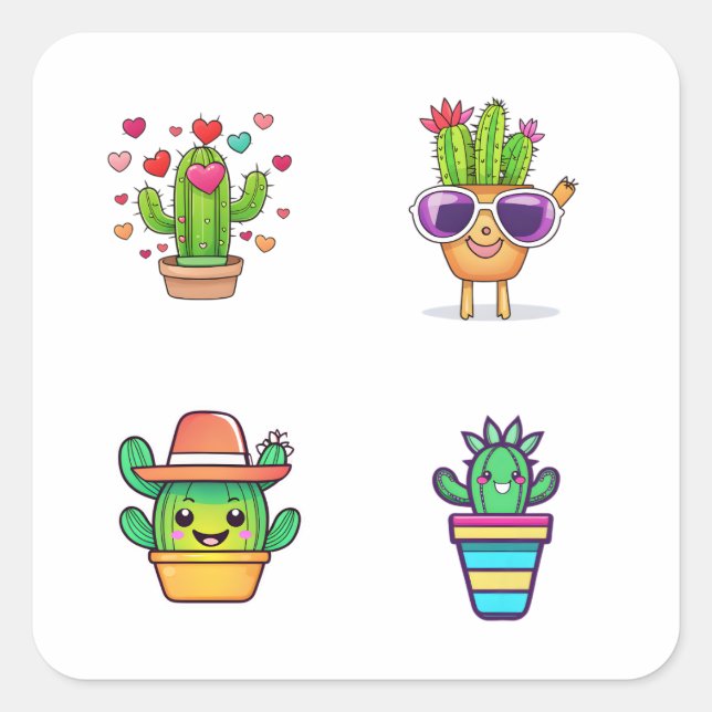 Adesivo Quadrado Cartoon Cactus Funny 4 Pack (Frente)