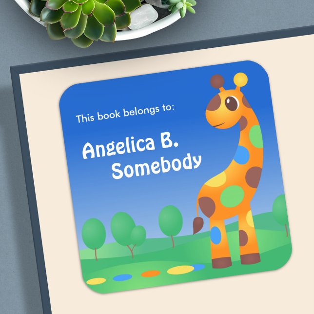 Adesivo Quadrado Cartoon Colorido Giraffe Bookplate (Criador carregado)
