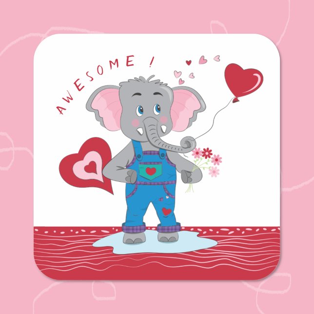 Adesivo Quadrado Cartoon Elephant Hearts | Autoadesivos Recompensas (Cute elephant reward sticker .
)