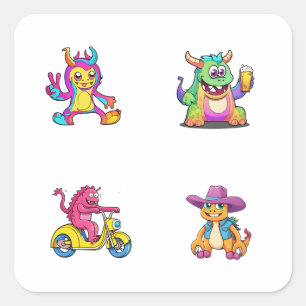 Adesivo Quadrado Cartoon Engraçado Monster 4 Pack Stickers