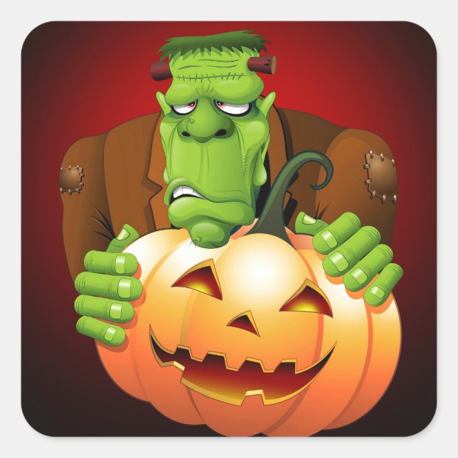 Adesivo Quadrado Cartoon Frankenstein Monster com Pumpkin (Frente)