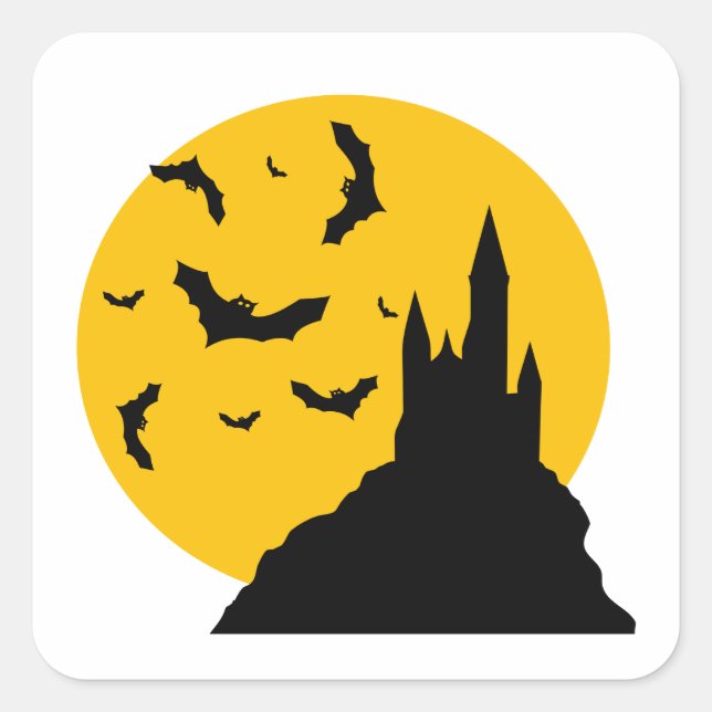 Adesivo Quadrado Cartoon Haunted Castle com Lua e Bats (Frente)