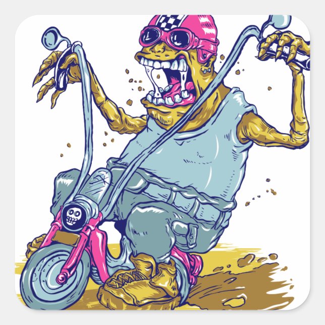 Adesivo Quadrado Cartoon Monster Motorcycle Biker (Frente)