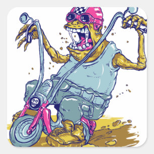 Adesivo Quadrado Cartoon Monster Motorcycle Biker