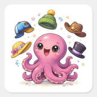 Adesivo Quadrado Cartoon octopus juggling hats Sticker