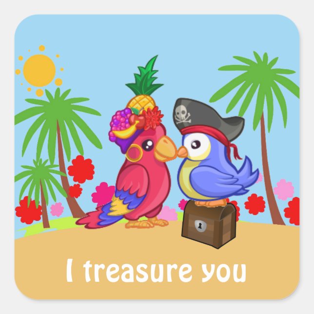 Adesivo Quadrado Cartoon Pirate Parrots Treasure Love (Frente)
