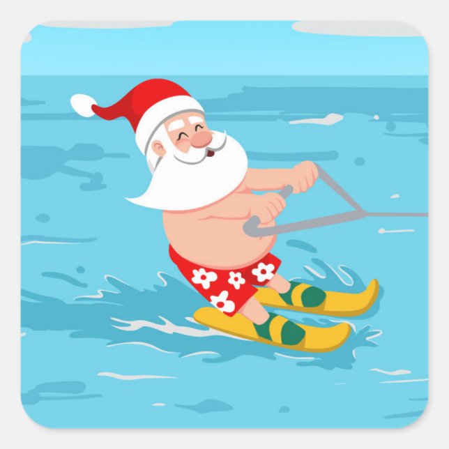Adesivo Quadrado Cartoon Santa Claus water skiing (Frente)
