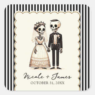 Adesivo Quadrado Cartoon Skeleton Bride + Casamento Whimsical