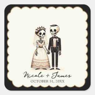 Adesivo Quadrado Cartoon Skeleton Bride + Casamento Whimsical