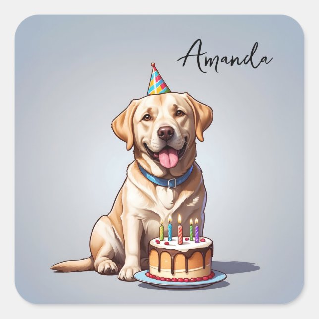 Adesivo Quadrado Cartoon Yellow Labrador Retriever Aniversário (Frente)