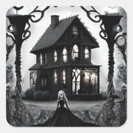 Adesivo Quadrado Casa assombrada com a Senhora Fantasma Assustadora