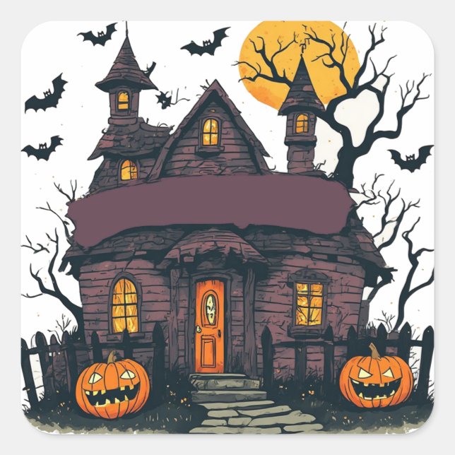 Adesivo Quadrado Casa Assombrada Com Abóboras E Lua Cheia 🎃 (Frente)