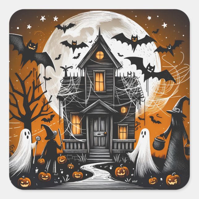 Adesivo Quadrado Casa assombrada de Halloween (Frente)
