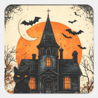 Adesivo Quadrado Casa Assombrada Vintage de Halloween