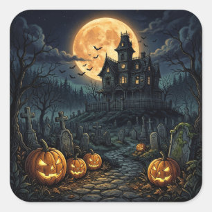 Adesivo Quadrado Casa Assombrada Vintage e Assustadora de Halloween