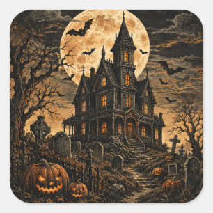 Adesivo Quadrado Casa Assombrada Vintage e Assustadora de Halloween