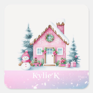 Adesivo Quadrado Casa de Biscoito Personalizada de Natal Rosa 