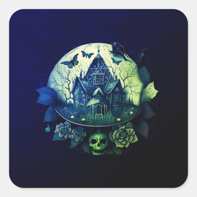 Adesivo Quadrado Casa Gótica Verde e Roxa Assombrada (Frente)