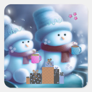 Adesivo Quadrado Casal de Boneco de Neve Alegre Café