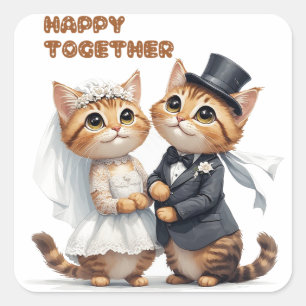 Adesivo Quadrado Casal de Gatos de Casamento Fofo com Favor de Casa