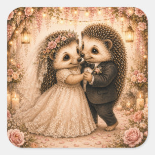 Adesivo Quadrado Casal de ouriços de casamento fofo