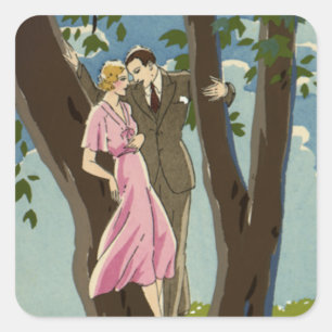Adesivo Quadrado Casal de Recém-Casados Arte Deco Vintage Amor e Ro