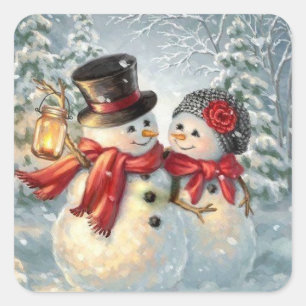 Adesivo Quadrado Casal de Snowman de Natal