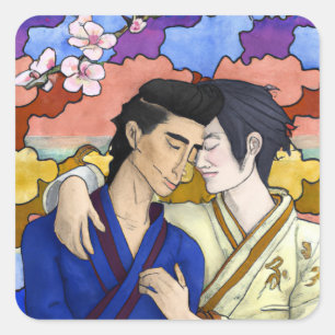 Adesivo Quadrado Casal gay no estilo da arte ukiyo-e japonesa