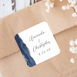 Adesivo Quadrado Casamento Agate Azul Marinho Prata Script