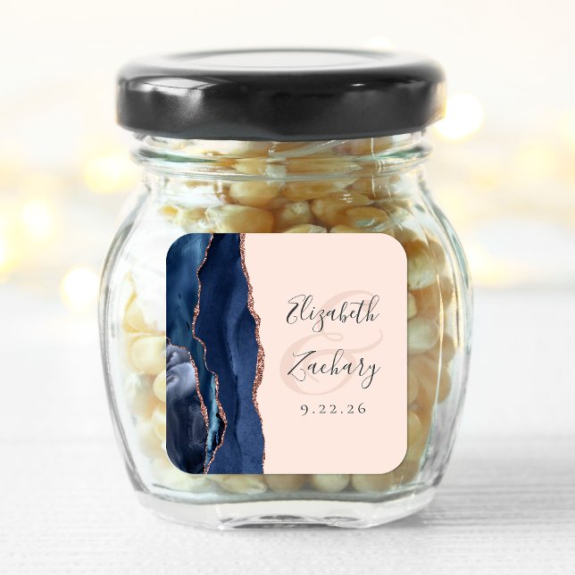 Adesivo Quadrado Casamento Agate Script Azul Marinho Rosa Dourado B (Criador carregado)