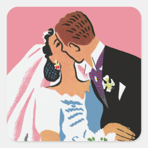 Adesivo Quadrado Casamento Antigo, Noiva e Noivo Retrô Se Beijando