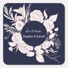 Adesivo Quadrado Casamento Azul de Flores Douradas Elegante Marinho