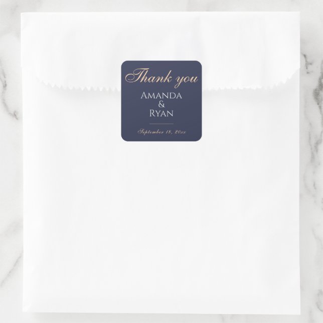 Adesivo Quadrado Casamento Azul Escuro Simples, Elegante Obrigado (Bolsa)