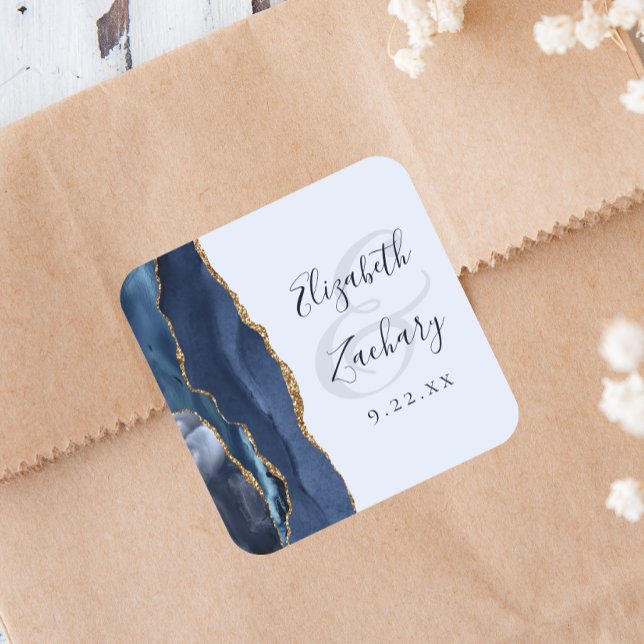 Adesivo Quadrado Casamento Azul Pálido Navy Escrito Ágata Dourado (Criador carregado)