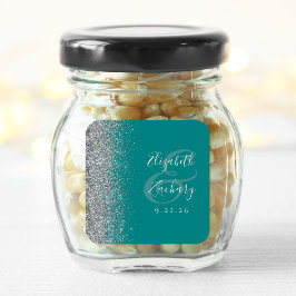 Adesivo Quadrado Casamento Azul Teal Prata Moderno com Brilho na Bo
