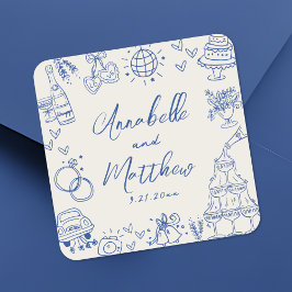 Adesivo Quadrado Casamento Azul Vintage Desenhado à Mão