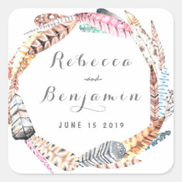 Adesivo Quadrado Casamento Boêmico Russo com Penas de Aquarela