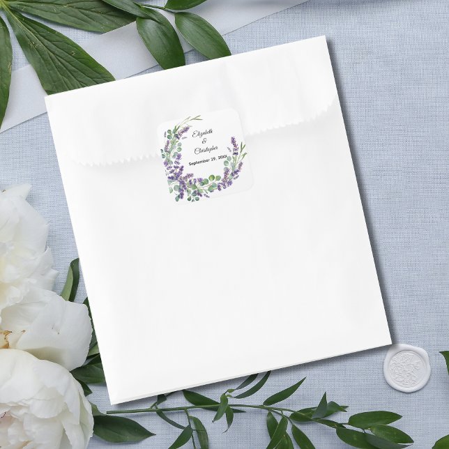 Adesivo Quadrado Casamento Boho Lavanda Eucalipto (Lavender Eucalyptus Wedding Favor Stickers and Envelope Seals. )