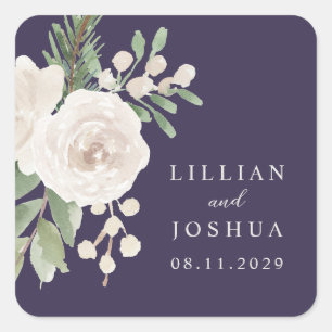 Adesivo Quadrado Casamento Botânico Branco de Inverno Roxo