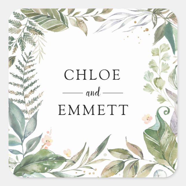 Adesivo Quadrado Casamento Botânico Cor-de-rosa Verde Verde Sage (Frente)