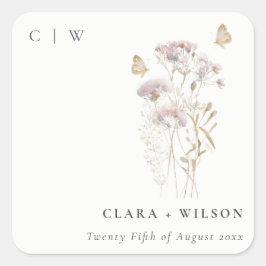 Adesivo Quadrado Casamento Botânico de Lilac Boho Wildflower Fern