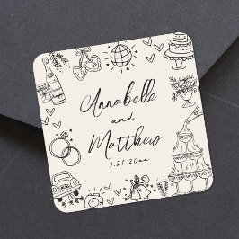 Adesivo Quadrado Casamento Caprichoso Desenhado à Mão Vintage