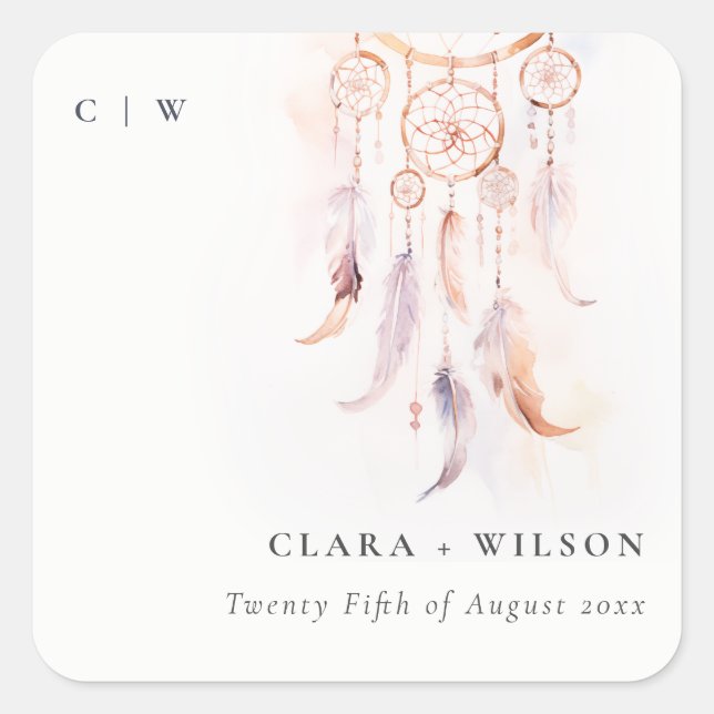 Adesivo Quadrado Casamento Chic Boho Feather Dreamcatcher Watercolo (Frente)