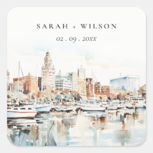 Adesivo Quadrado Casamento Chic Tampa Florida Skyline Watercolor