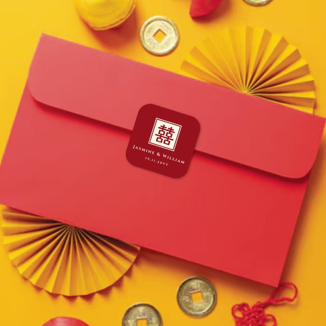 Adesivo Quadrado Casamento Chinês de Felicidade Dupla Quadrada Clás (Classic Square Double Happiness Modern Chinese Wedding Party Favor Sticker / Envelope Seal )