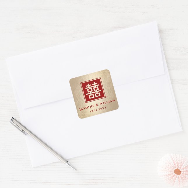 Adesivo Quadrado Casamento Chinês Dourado de Felicidade Dupla Quadr (Envelope)