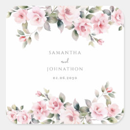 Adesivo Quadrado Casamento com Aquarela Floral Rosa