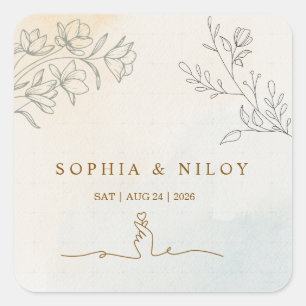 Adesivo Quadrado Casamento com arte de linha minimalista moderna