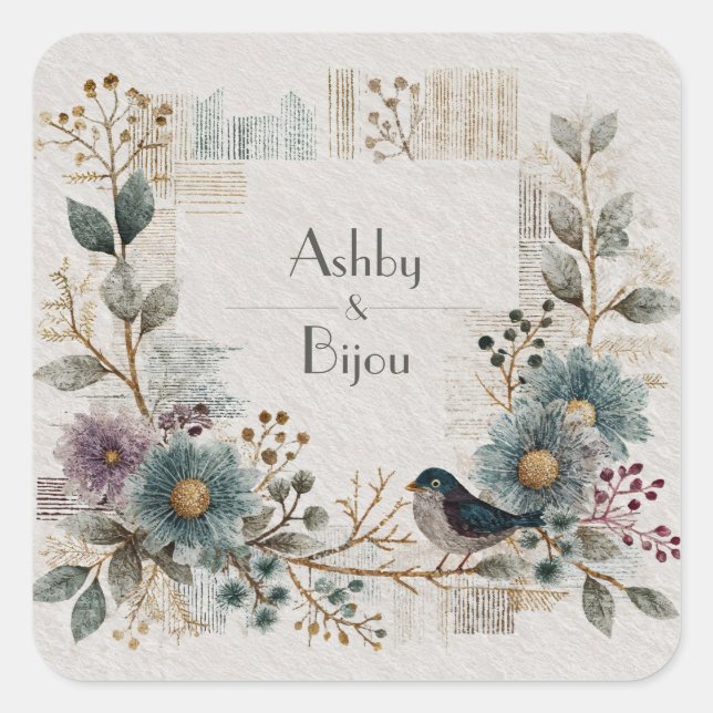 Adesivo Quadrado Casamento com aves Folk Art Floral (Frente)