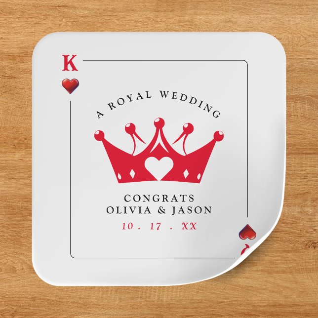 Adesivo Quadrado Casamento com Cartões de Poker do Rei e Rainha dos (King & Queen of Hearts Casino Poker Card Wedding Square Sticker
)